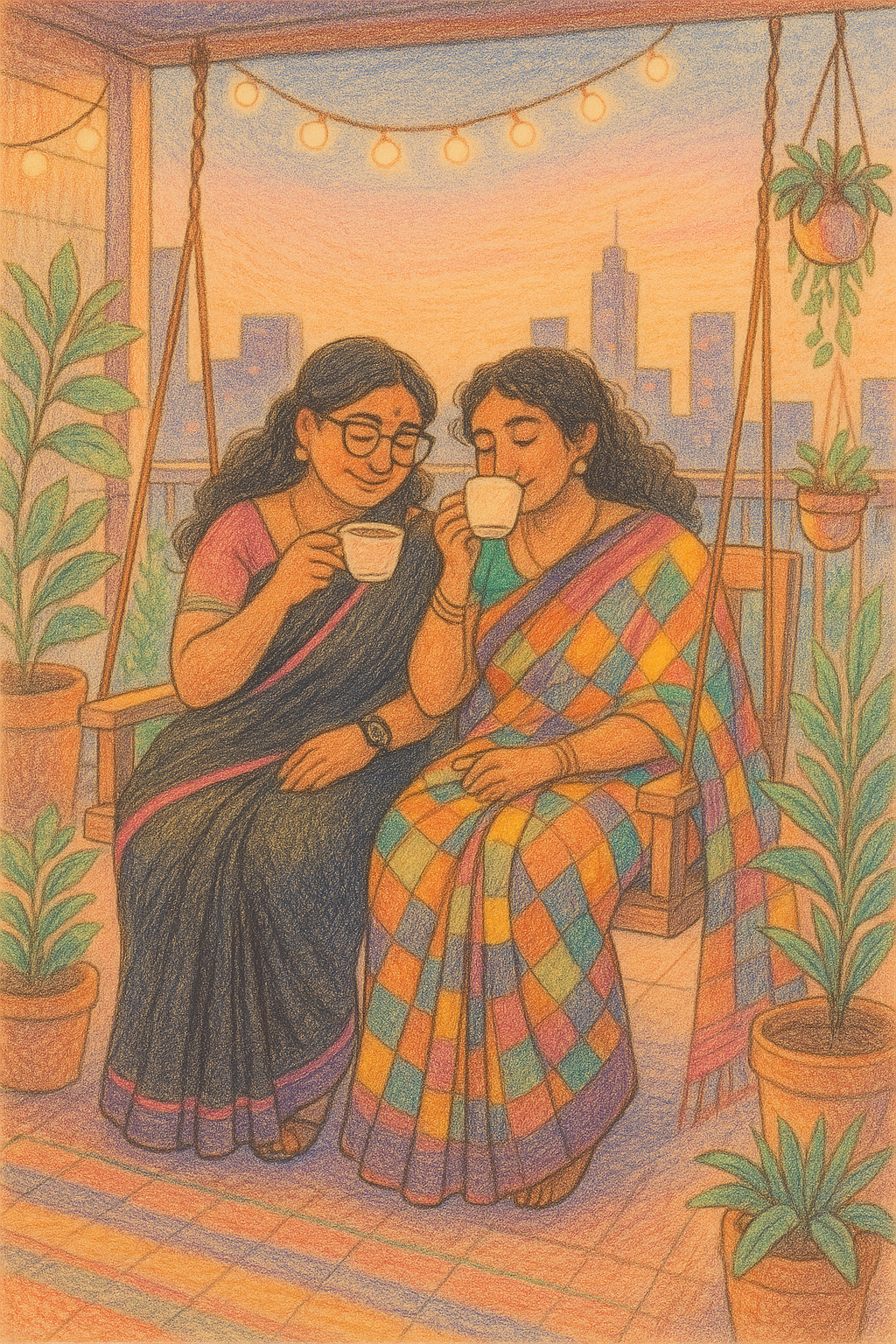 Illustration of a peaceful moment with chai and a cityscape, representing finding calm in busy life