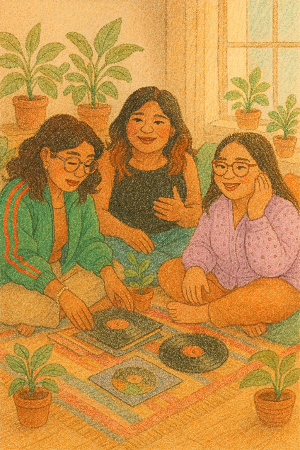 Illustration of friends surrounded by plants, representing growth and connection