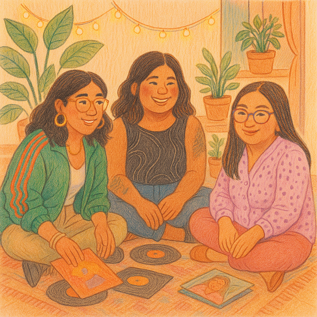 Illustration of friends enjoying music together, representing joy and connection