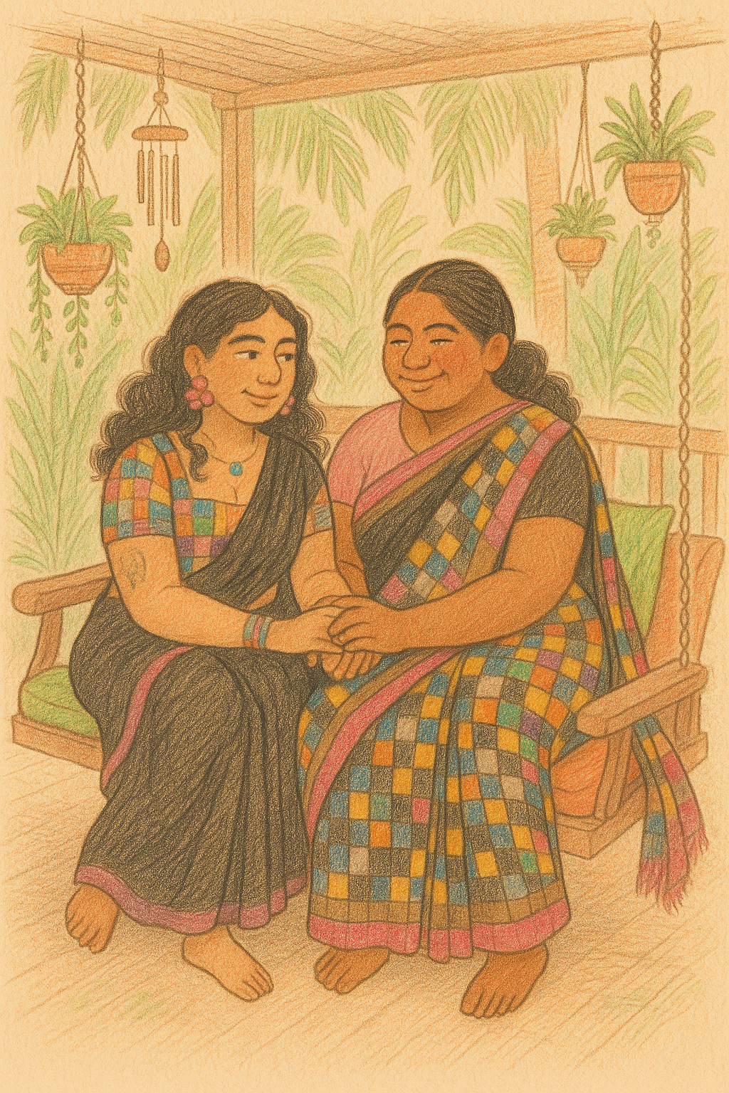 Illustration of a peaceful porch swing with plants, representing a calming sensory environment